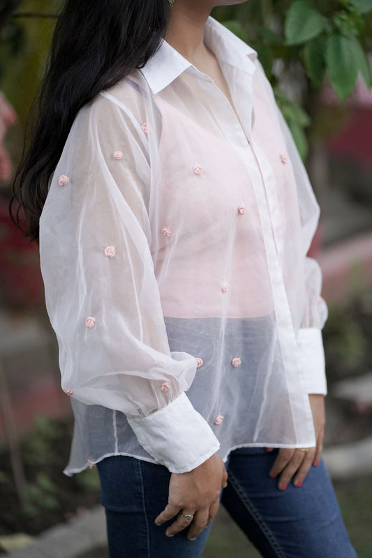 Organza Shirt with Peach Embroidery