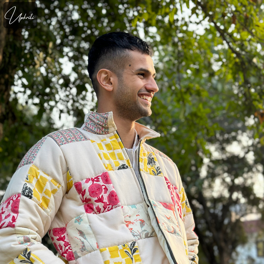 Chaqueta patchwork unisex acolchada blanco roto