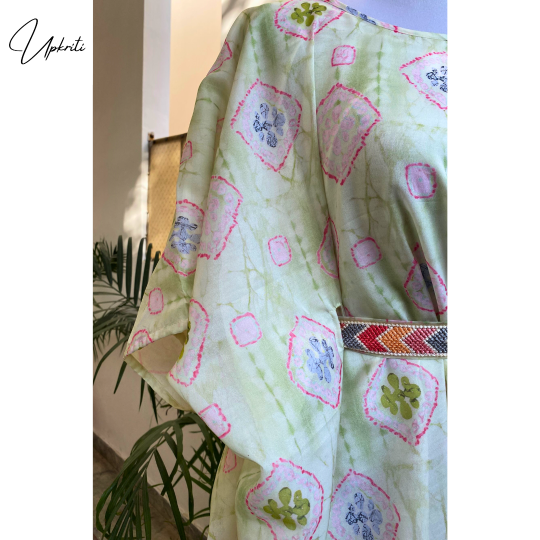 Light green organza dress with Shibori Print