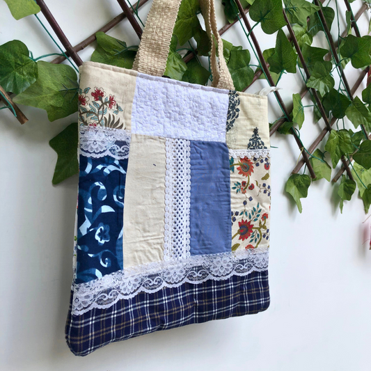 Blue lace patchwork tote bag