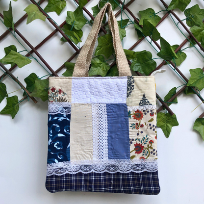 Blue lace patchwork tote bag