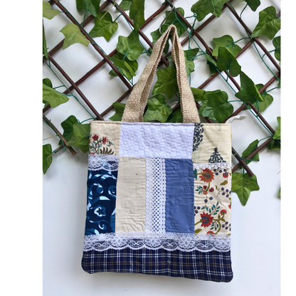 Blue lace patchwork tote bag