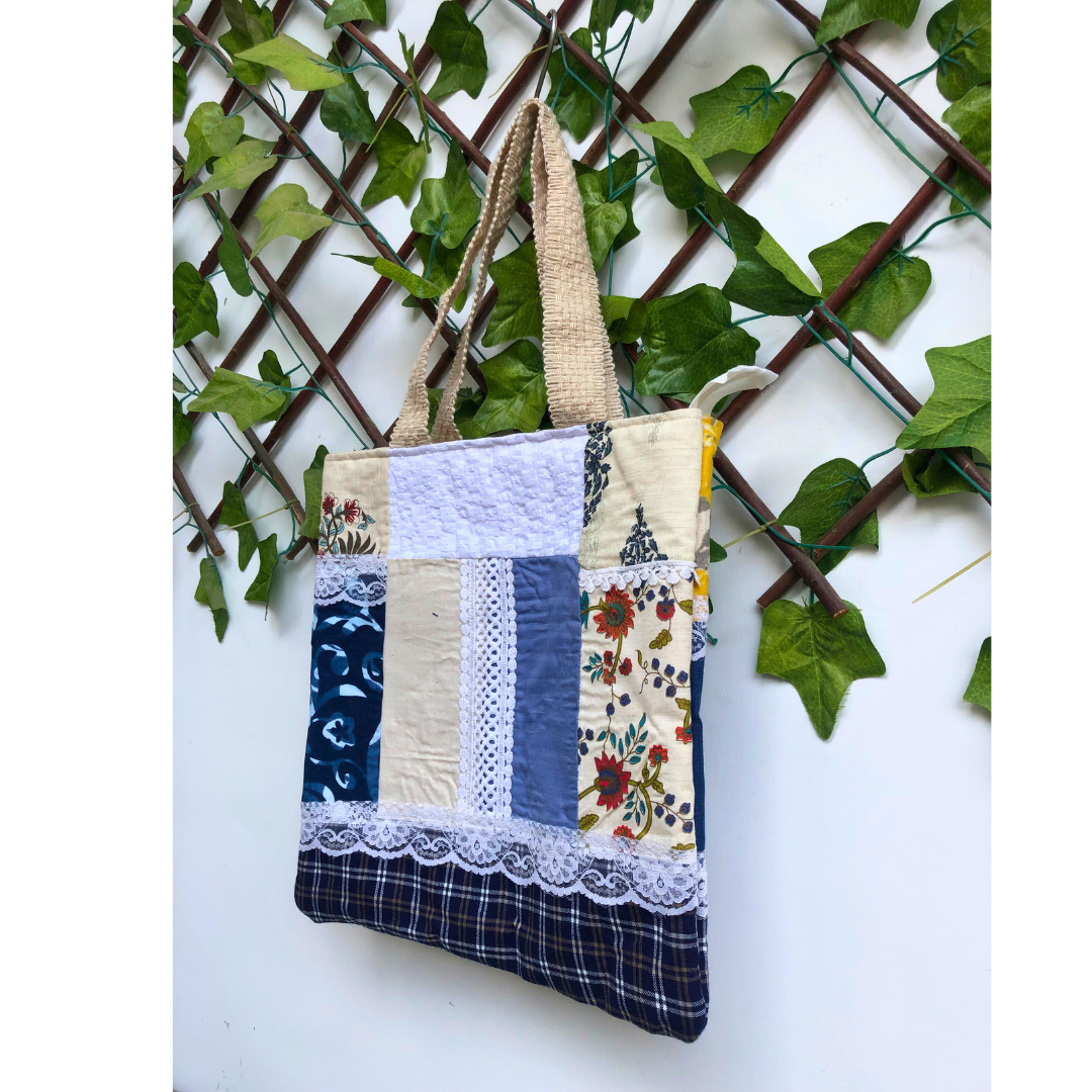 Blue lace patchwork tote bag