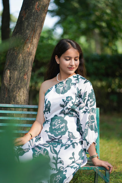 Green Floral One Shoulder Dress