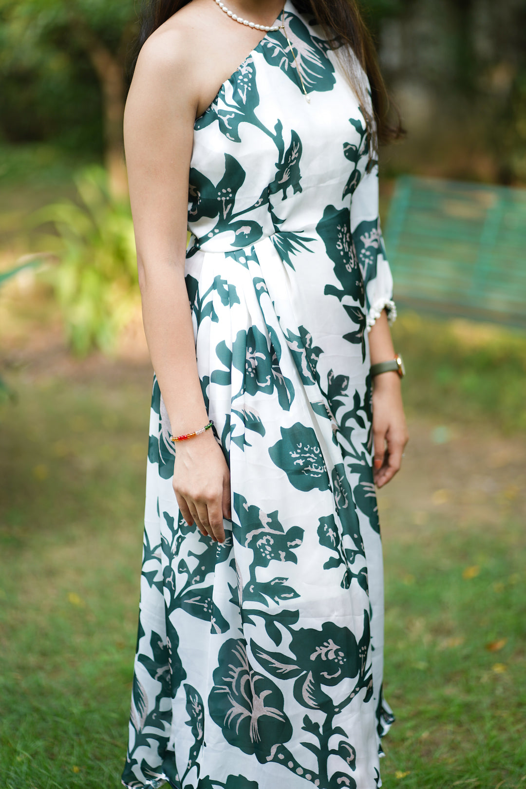 Green Floral One Shoulder Dress