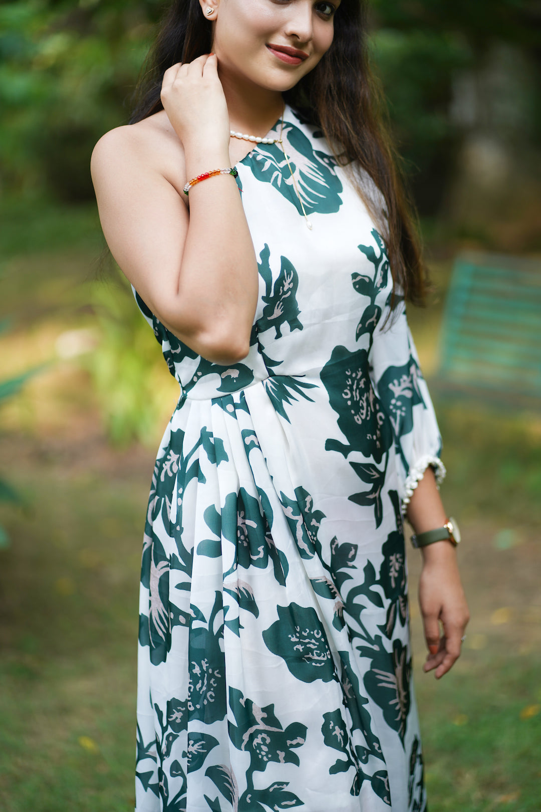 Green Floral One Shoulder Dress