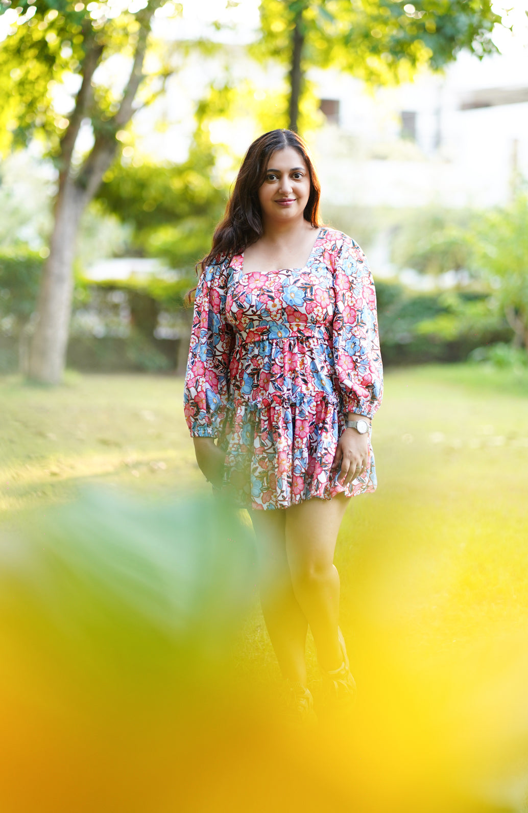 Floral square neck mini dress