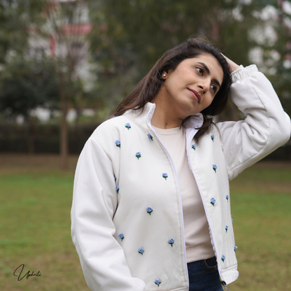 White woolen jacket with blue florals