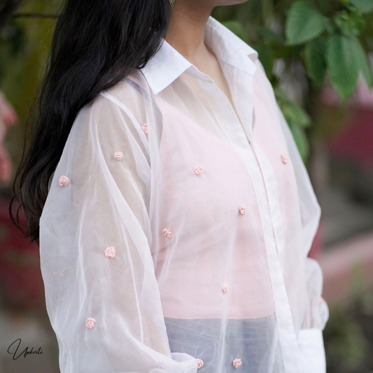 Camisa De Organza Con Bordado Melocotón