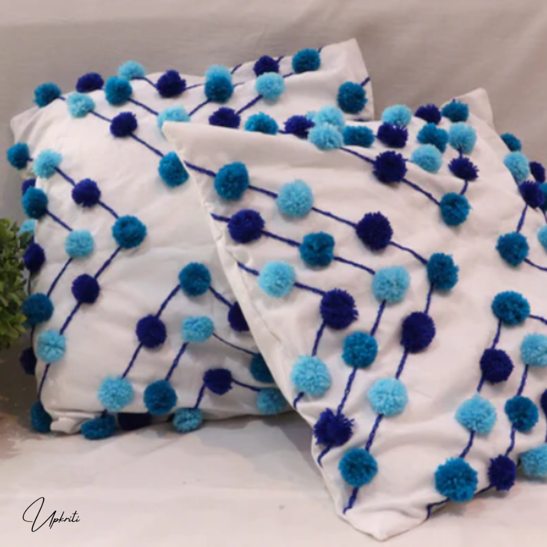 Blue Pompom Cushion Cover