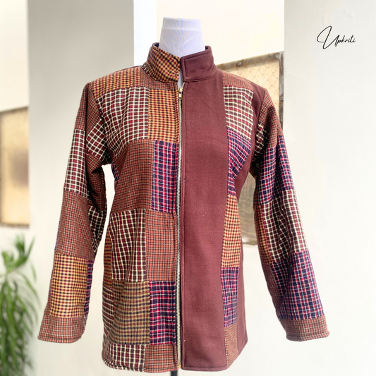 Brown woolen unisex patchwork jacket