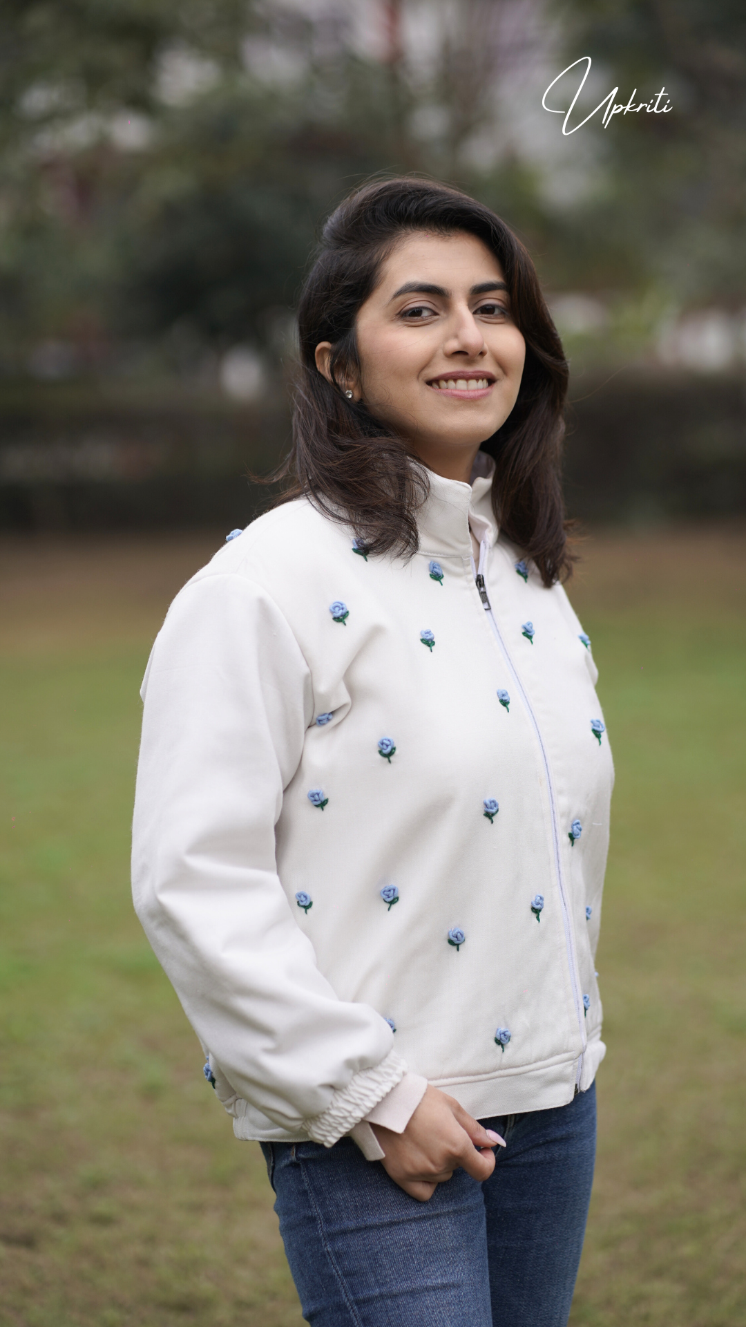 White woolen jacket with blue florals