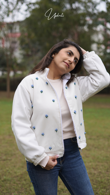 White woolen jacket with blue florals