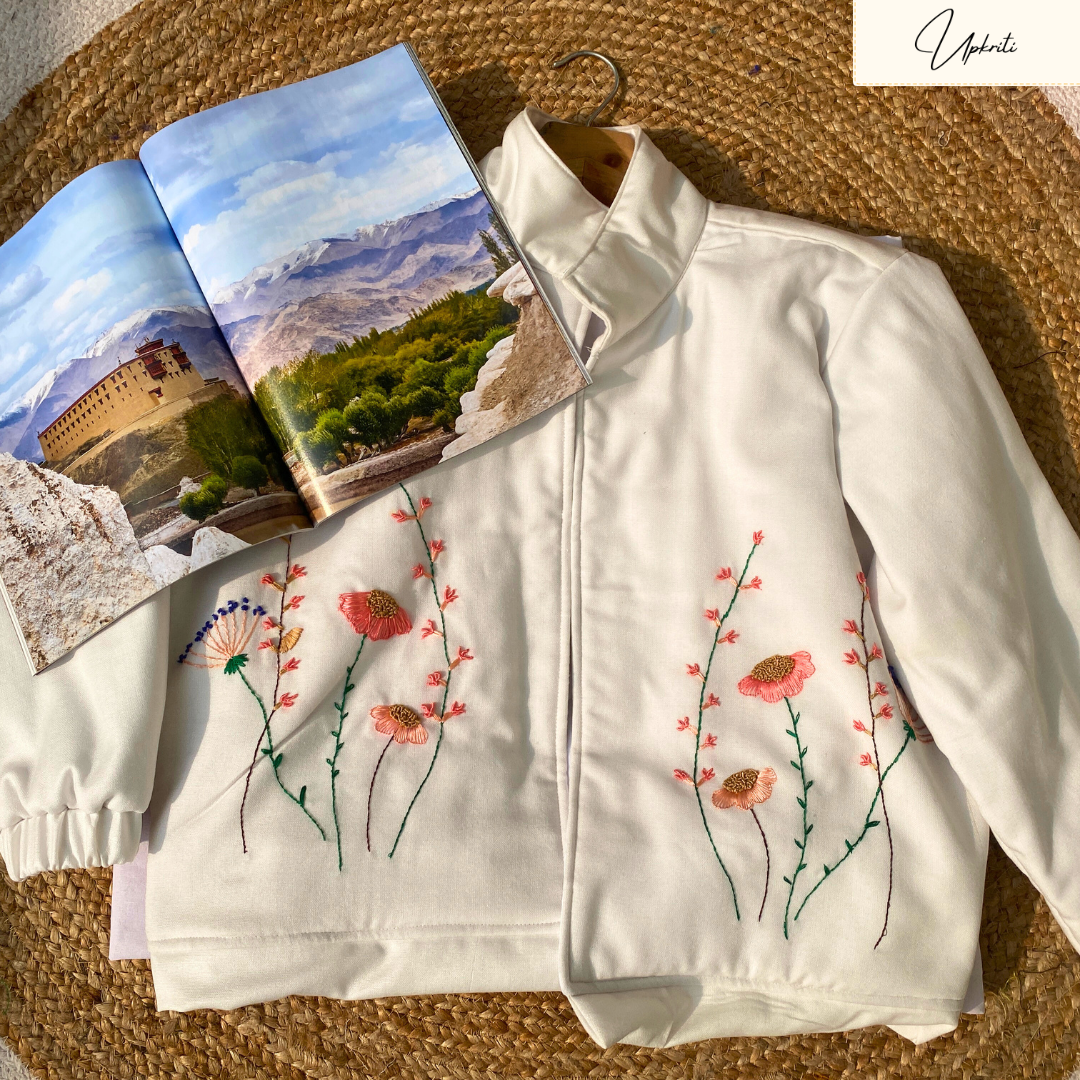 White floral embroidered woolen Jacket