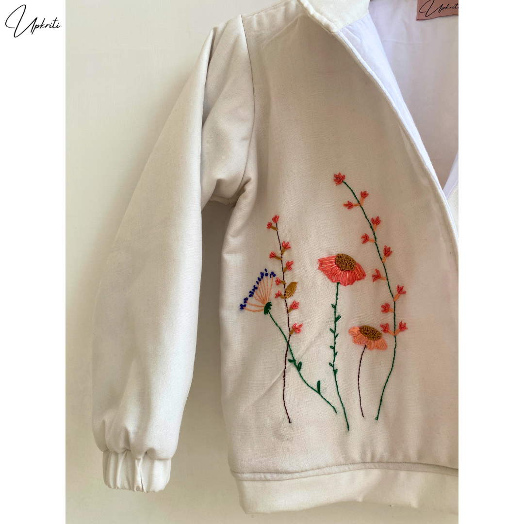 White floral embroidered woolen Jacket