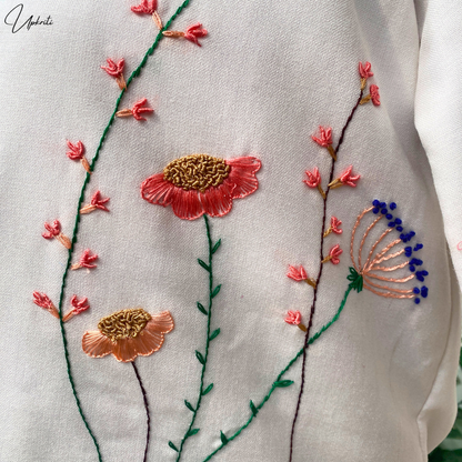 White floral embroidered woolen Jacket