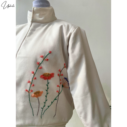 White floral embroidered woolen Jacket