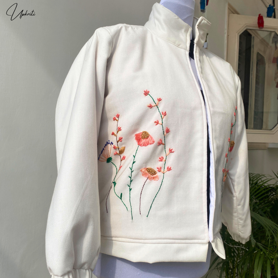 White floral embroidered woolen Jacket