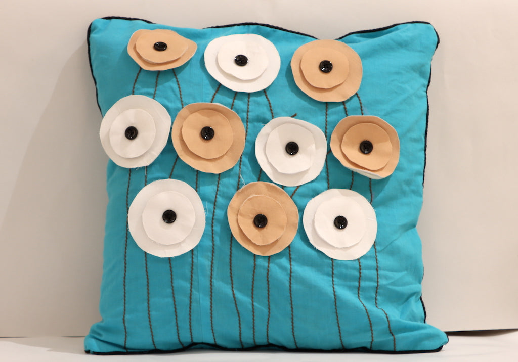 Blue Button Floral Cushion