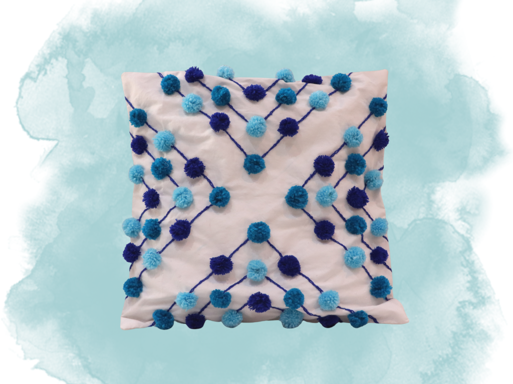 Blue Pompom Cushion Cover