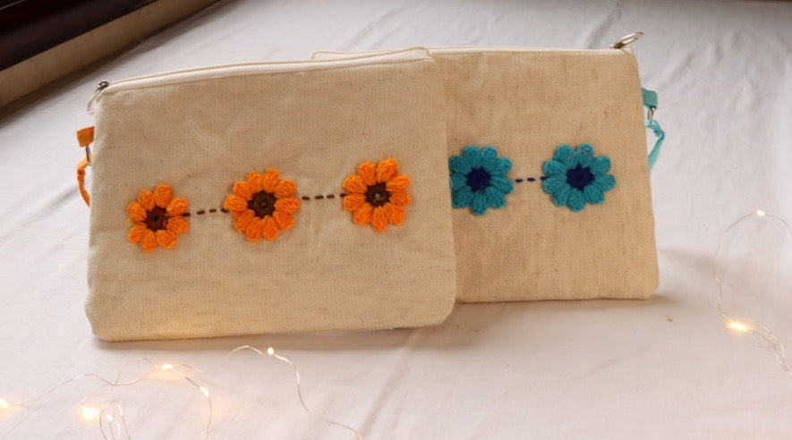 Khadi pouch with Crochet flower