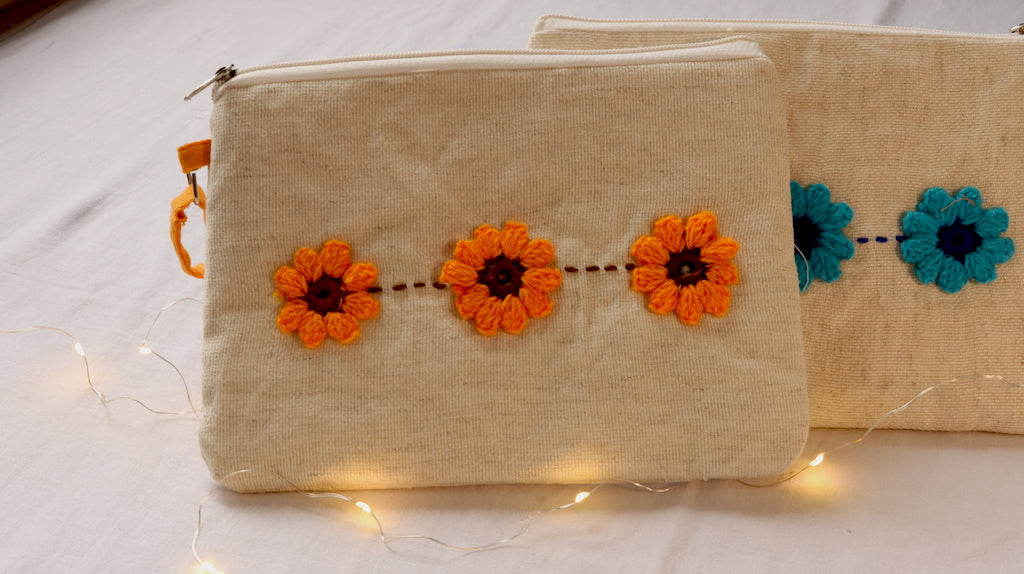 Canvas pouch with Crochet flower – Upkriti