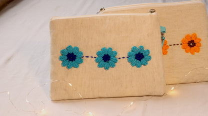 Khadi pouch with Crochet flower