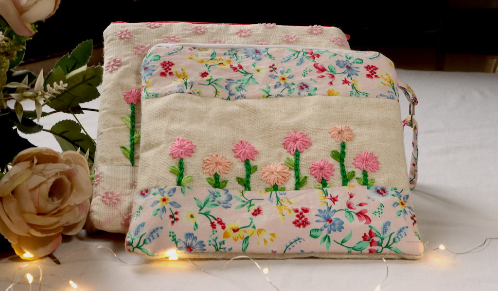 Khadi Flower Garden Embroidered pouch