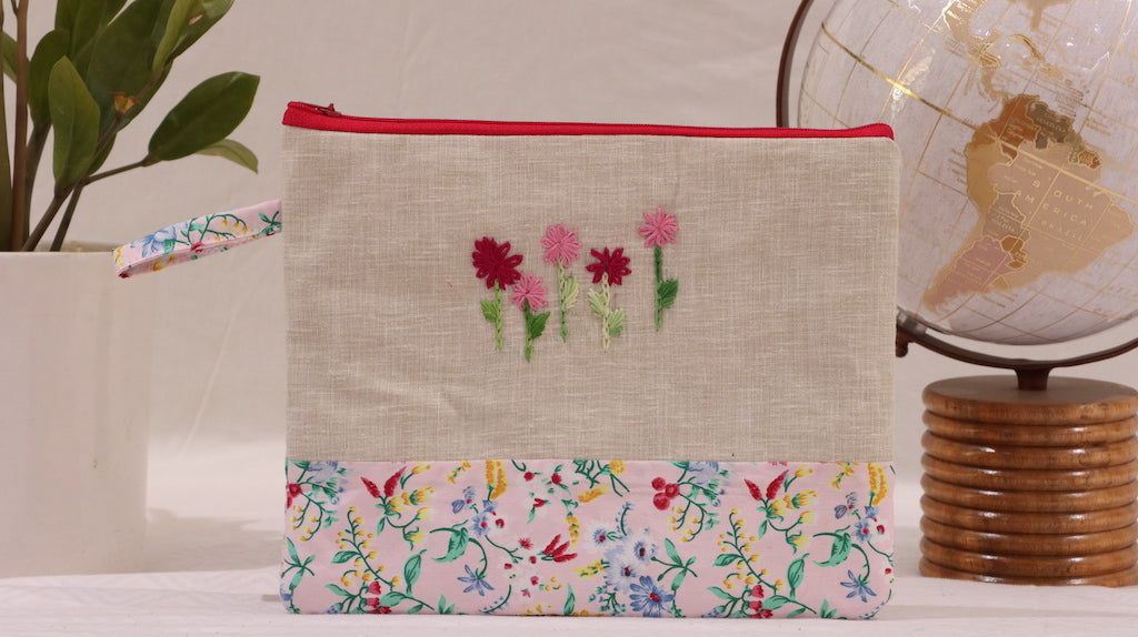 Khadi Pink Flowers Pouch