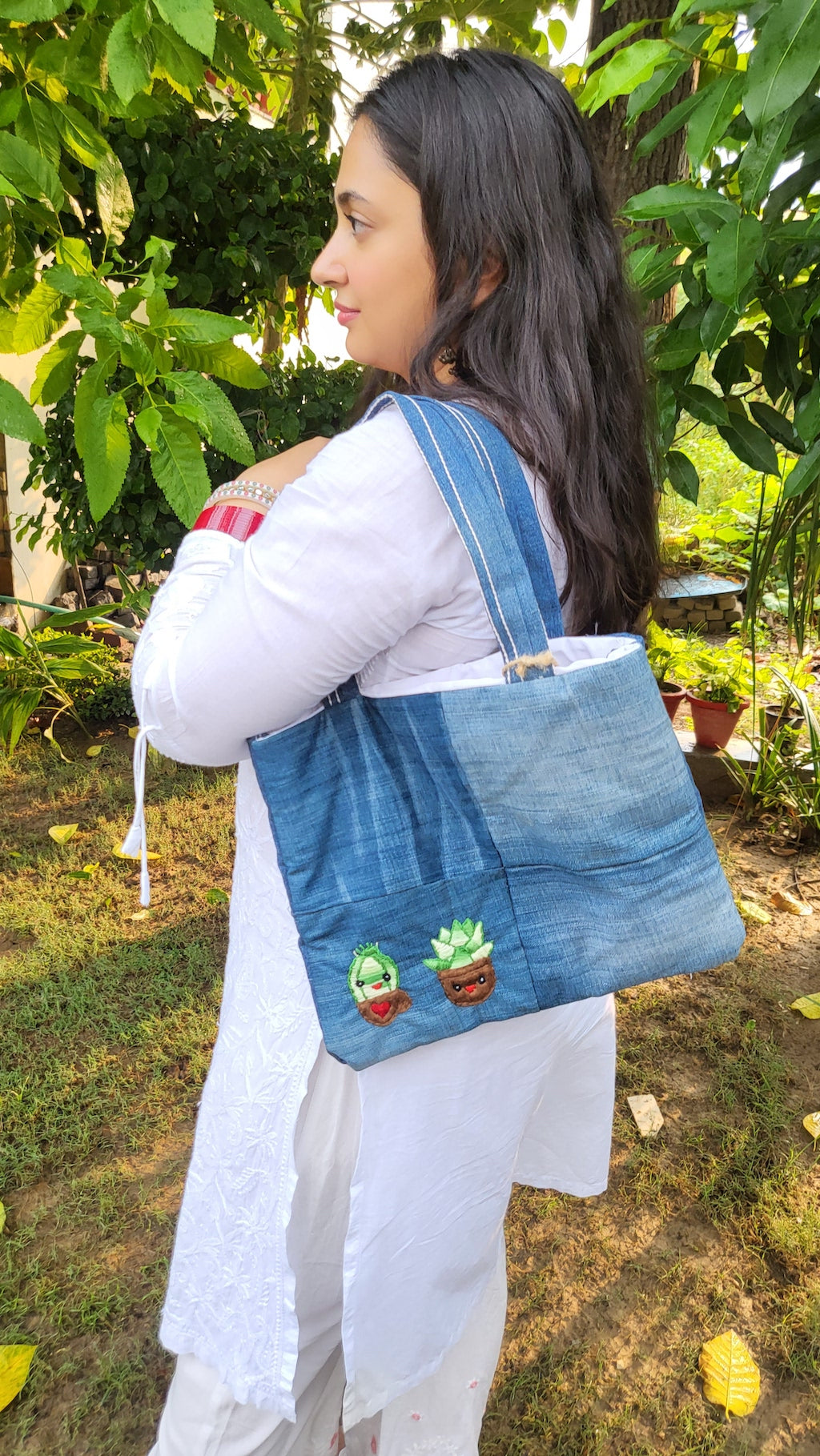 Embroidered Denim Cactus Tote Bag